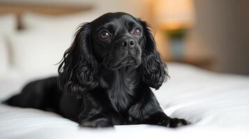 A playful black dog relaxes on soft bedding, gazing curiously in a warmly lit room photo
