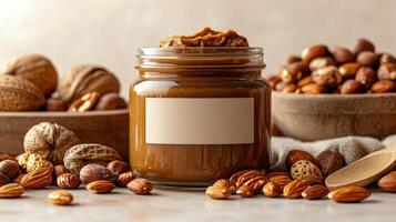 A jar of rich nut butter sits among an array of nuts, inviting a moment of delicious indulgence photo