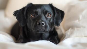 A black dog with expressive eyes looks inquisitively while nestled on plush pillows indoors photo