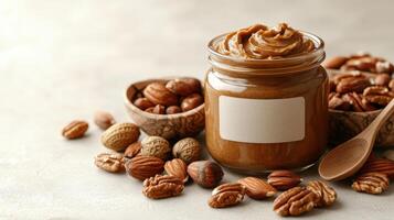 Creamy nut butter sits in a jar surrounded by various crunchy nuts, inviting taste and warmth photo