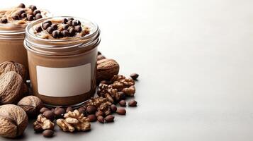 Rustic jars of coffee mousse showcasing decadent layers, adorned with nuts and coffee beans photo