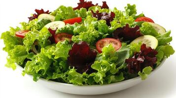 Colorful assortment of crisp greens, ripe tomatoes, and crunchy cucumbers creates a refreshing dish photo