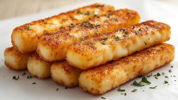 Deliciously crispy cheese sticks, golden-brown and garnished with fresh herbs, await hungry guests photo
