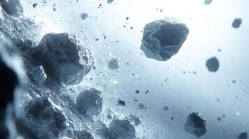 A captivating view reveals asteroids drifting through a luminous, ethereal environment in space photo