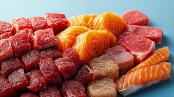 Vibrant cuts of beef, pork, and salmon are artistically displayed on a blue surface photo