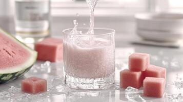 Cool droplets cascade into a glass as watermelon cubes and ice create a vibrant summer vibe photo