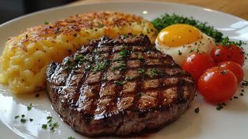Succulent grilled steak served with crispy potatoes, vibrant tomatoes, and a perfectly cooked egg photo