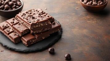 Rich chocolate bars sit on dark stone, surrounded by cocoa beans in a tempting display photo
