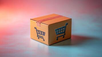 A cardboard box with a shopping cart logo rests against a colorful backdrop, sparking joy photo
