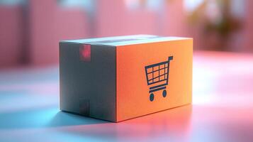 A colorful box representing online shopping rests on a softly lit surface, inviting curiosity photo