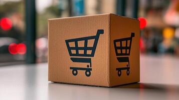 A cardboard box featuring a shopping cart design rests on a table in a lively city atmosphere photo
