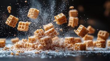 Tiny cubes of golden snacks suspended in the air, enveloped in a dreamy dust of sugar photo
