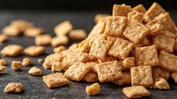Crispy golden squares scattered on a dark surface invite tasty snacking adventures photo