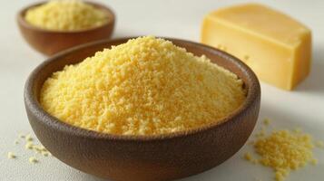 Rich yellow cheese in wooden bowls highlights its fine texture and creamy aroma photo