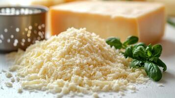 Grated cheese sits beside a block with fresh herbs, inviting delicious meal preparations ahead photo