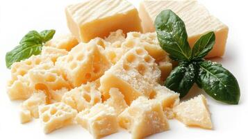 Mouthwatering pieces of cheese are arranged artistically, accompanied by vibrant basil photo