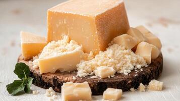 Artisan cheese rests on a textured wooden board, surrounded by delicate bits and natural greenery photo