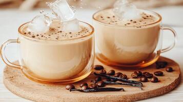 Two glass cups filled with iced coffee and topped with ice cubes sit on a rustic wooden surface photo
