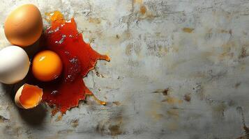 Brightly colored eggs spill their contents on a rustic, textured surface, creating a vivid contrast photo