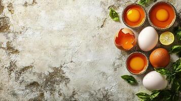 Eggs and yolks sit with basil and lemon beside a cracked shell, ready to be cooked photo