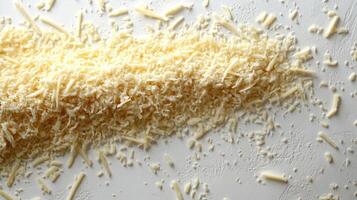 Shredded cheese is elegantly arranged, showcasing its texture and color in an artistic way photo
