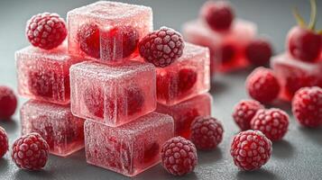 A vibrant display of raspberry-flavored cubes stacked elegantly with fresh berries around photo