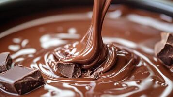 Warm, melted chocolate flows smoothly, hinting at delightful dessert creations and sweet indulgence photo