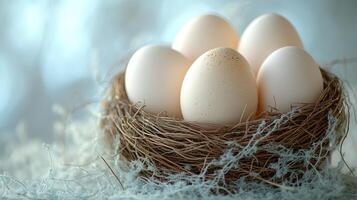 Five pristine eggs nestled in a cozy nest, surrounded by gentle hues and airy textures photo