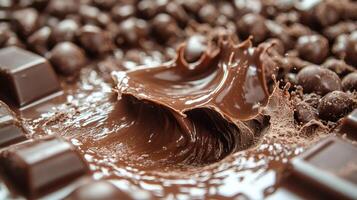 Rich melted chocolate splashes amidst various chocolate pieces, inviting indulgence and creativity photo
