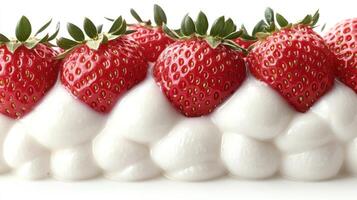 Fresh red strawberries rest on a soft pillow of whipped cream, creating a delightful treat photo