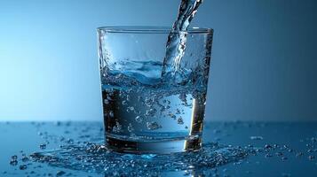 Clear liquid cascades into a glass, creating beautiful droplets and reflections on the surface photo
