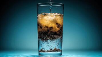 Chilled beverage with ice cubes and effervescence captivates with a dreamy teal backdrop photo