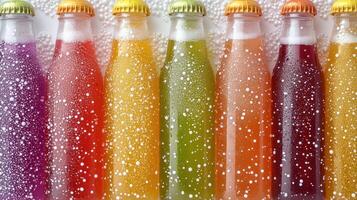 Eight bottles filled with fizzy, colorful drinks celebrate summer, inviting refreshment and fun photo