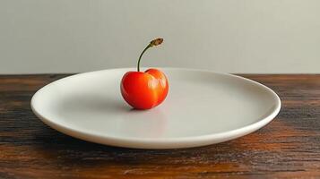 A vibrant cherry sits alone on a smooth white plate, showcasing minimalism and color contrast photo