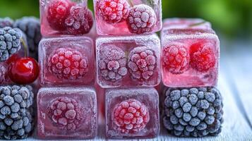 Delicious berries frozen in ice cubes create a vibrant, summery aesthetic perfect for drinks photo
