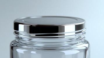 Elegant glass jar with a shiny metallic lid glimmers in soft lighting, highlighting its clean lines photo