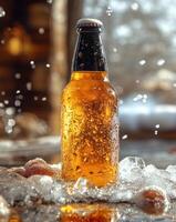 Sparkling amber drink glistens in sunlight, creating a refreshing, frosty scene photo