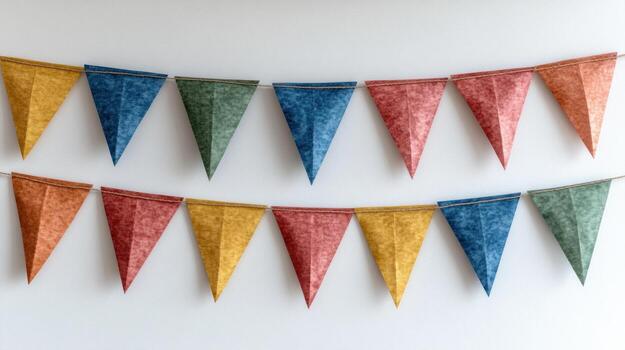 Triangular fabric flags hang joyfully on a wall, creating a vibrant atmosphere for any event photo