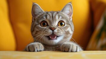 A playful kitten with wide eyes and a cheerful expression enjoys its surroundings in a sunny room photo