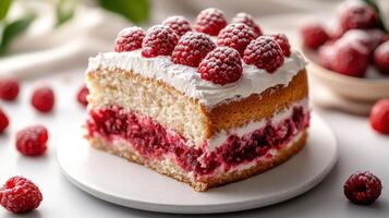 A scrumptious raspberry cream cake with layers of fruit and frosting captivates all who see it photo