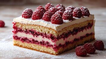 Sponge cake layers with raspberry cream, fresh berries on top, and a dusting of sugar photo