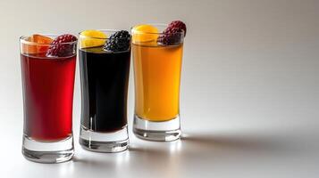 Three elegantly served cocktails feature bright garnishes, perfect for a chic gathering photo