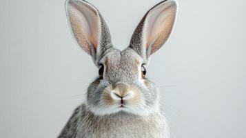 A fluffy rabbit stands elegantly, its large ears perked while gazing curiously and invitingly photo