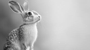 A rabbit sits gracefully, gazing into the distance as delicate snowflakes fall gently around it photo