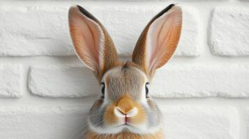 A cute rabbit with large ears sits calmly, showcasing its soft fur and curious expression photo
