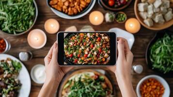 cozy family dinner scene with warm ambient lighting, featuring variety of dishes and smartphone capturing meal photo