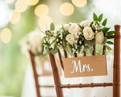 Mrs. chair decoration with white roses and greenery at wedding reception photo