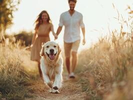 couple walking with their happy dog in sunlit field, enjoying nature photo