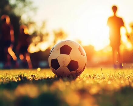 soccer ball rests on grass during sunset, with players in background enjoying game photo