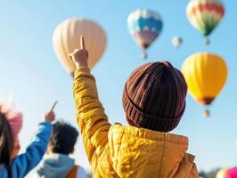 child points at colorful hot air balloons in vibrant festival scene photo